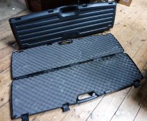 4 foam lined rigid black plastic carrying cases for guns or pistols, 51” x 14” x 4” external. GC .