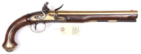 A long 14 bore brass barrelled flintlock holster pistol by Knubley, c 1790, 18” overall, heavy