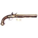 A long 14 bore brass barrelled flintlock holster pistol by Knubley, c 1790, 18” overall, heavy