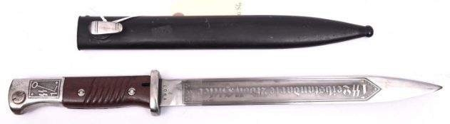 A German WWII period Kar 98 bayonet, the blade etched later with SS motto and “SS Leibstandarte