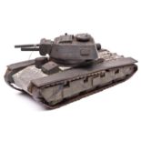 A WWII German POWs heavy wood and metal model of a German tank, revolving turret, inscription