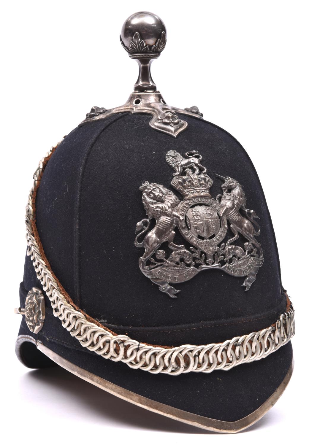 A Vic Volunteer Officer’s ball topped blue cloth helmet, silver plated front peak binding, ear