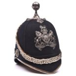 A Vic Volunteer Officer’s ball topped blue cloth helmet, silver plated front peak binding, ear