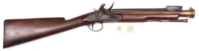 A brass barrelled flintlock blunderbuss with spring bayonet, by G Johnson c 1820, 29½” overall, bell