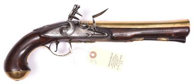 A late 18th century brass barrelled flintlock blunderbuss pistol, 13¾” overall, slightly swamped