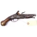 A continental 50 bore flintlock travelling pistol, 9½” overall, barrel 4½” with muzzle ring; flat
