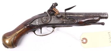 A continental 50 bore flintlock travelling pistol, 9½” overall, barrel 4½” with muzzle ring; flat