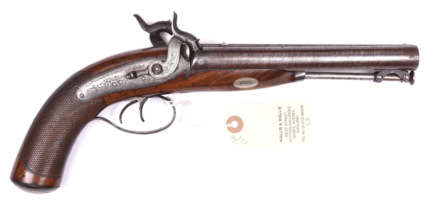 An Officer’s double barrelled side by side 24 bore percussion holster pistol by John Blissett,