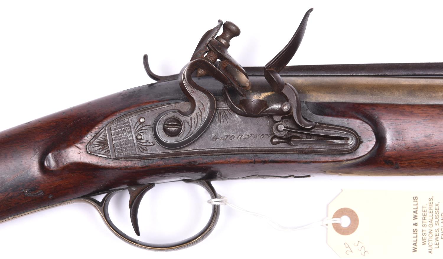 A brass barrelled flintlock blunderbuss with spring bayonet, by G Johnson c 1820, 29½” overall, bell - Image 2 of 2