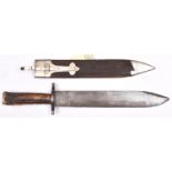 A late 19th century bowie knife, heavy blade 12”, marked “Lund, Cornhill, London” at forte, solid,