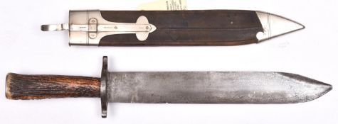 A late 19th century bowie knife, heavy blade 12”, marked “Lund, Cornhill, London” at forte, solid,