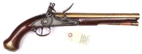 A scarce 16 bore brass barrelled General Post Office military type flintlock belt pistol, by H Nock,