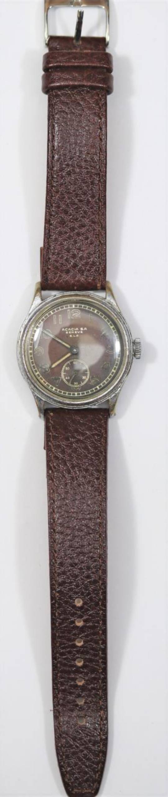 Acacia S.A wristwatch. Serial number 947. Plated case, wear to plating, 32mm without crown. Fixed