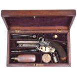 A cased mid 19th century double barrelled 38 bore percussion boxlock side hammer pistol, 9” overall,