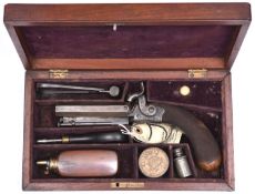 A cased mid 19th century double barrelled 38 bore percussion boxlock side hammer pistol, 9” overall,
