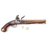 An interesting 14 bore brass barrelled flintlock sea service type belt pistol, 16” overall, barrel