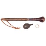 A WWI leather bound wooden trench cosh, 13¾”, with cord wrist strap (some service wear), and an
