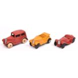 3 Dinky 35 Series Cars. Saloon Car (35a) in red with white rubber wheels. A MG Sports Car (35c) in