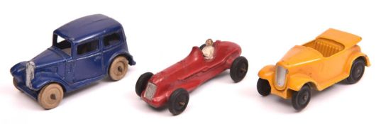3 Dinky 35 Series Cars. Saloon Car (35a) in dark blue with white rubber wheels. A Midget Racer (35b)