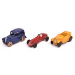 3 Dinky 35 Series Cars. Saloon Car (35a) in dark blue with white rubber wheels. A Midget Racer (35b)