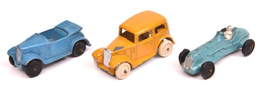 3 Dinky 35 Series Cars. Saloon Car (35a) deep yellow with white rubber wheels. A Midget Racer (