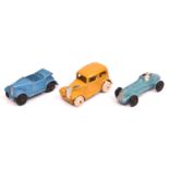 3 Dinky 35 Series Cars. Saloon Car (35a) deep yellow with white rubber wheels. A Midget Racer (