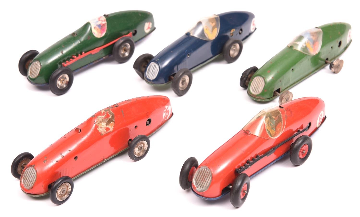 5x Tri-ang Minic clockwork Racing Cars (13M). All post-war examples; 2x red - RN6 & RN8, green -