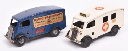 2x Tri-ang Minic post-war clockwork vehicles. A Shutter Van (103M) in dark blue with 'Minic