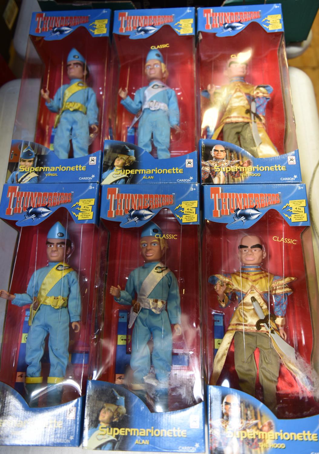 6 Pelham Puppet Thunderbirds 'Supermarionette'. 2x Virgil, 2x Alan and 2x 'The Hood'. All boxed,