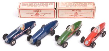 4x Tri-ang Minic clockwork Racing Cars (13M). All post-war examples; red - RN3, green - RN3 and 2x