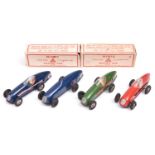 4x Tri-ang Minic clockwork Racing Cars (13M). All post-war examples; red - RN3, green - RN3 and 2x