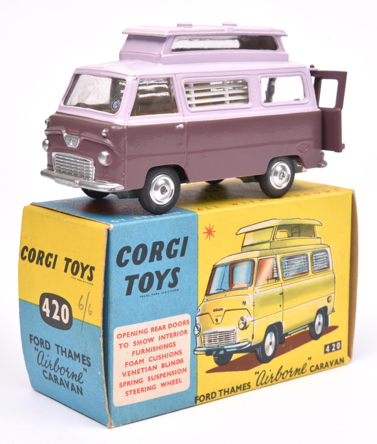 Corgi Toys Ford Thames Airborne Caravan (420). Pale lilac top with deep lilac lower, with light
