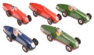 5x Tri-ang Minic clockwork Racing Cars (13M). All post-war examples; 2x red - RN1 & RN4, 2x