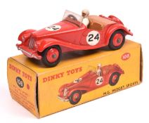 Dinky Toys MG Midget (108). In red with red wheels. Racing number 24. Boxed, minor wear. Vehicle