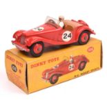 Dinky Toys MG Midget (108). In red with red wheels. Racing number 24. Boxed, minor wear. Vehicle