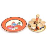 Clarice Cliff Crocus pattern novelty egg cup stand with 6x egg cups c.1930. Modelled as a duck