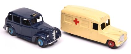 2 Dinky Toys. Austin TAXI (254) in dark blue with mid blue wheels and black tyres. A Daimler