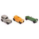 3 Dinky 35 Series Cars. Saloon Car (35a) light grey with black rubber wheels. A Midget Racer (35b)