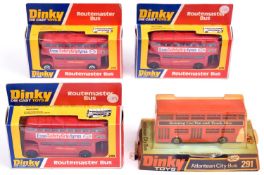 4x Dinky Toys buses. 3x Routemaster Bus (289), Esso Safety Grip Tyres. A Leyland Atlantean City