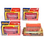 4x Dinky Toys buses. 3x Routemaster Bus (289), Esso Safety Grip Tyres. A Leyland Atlantean City