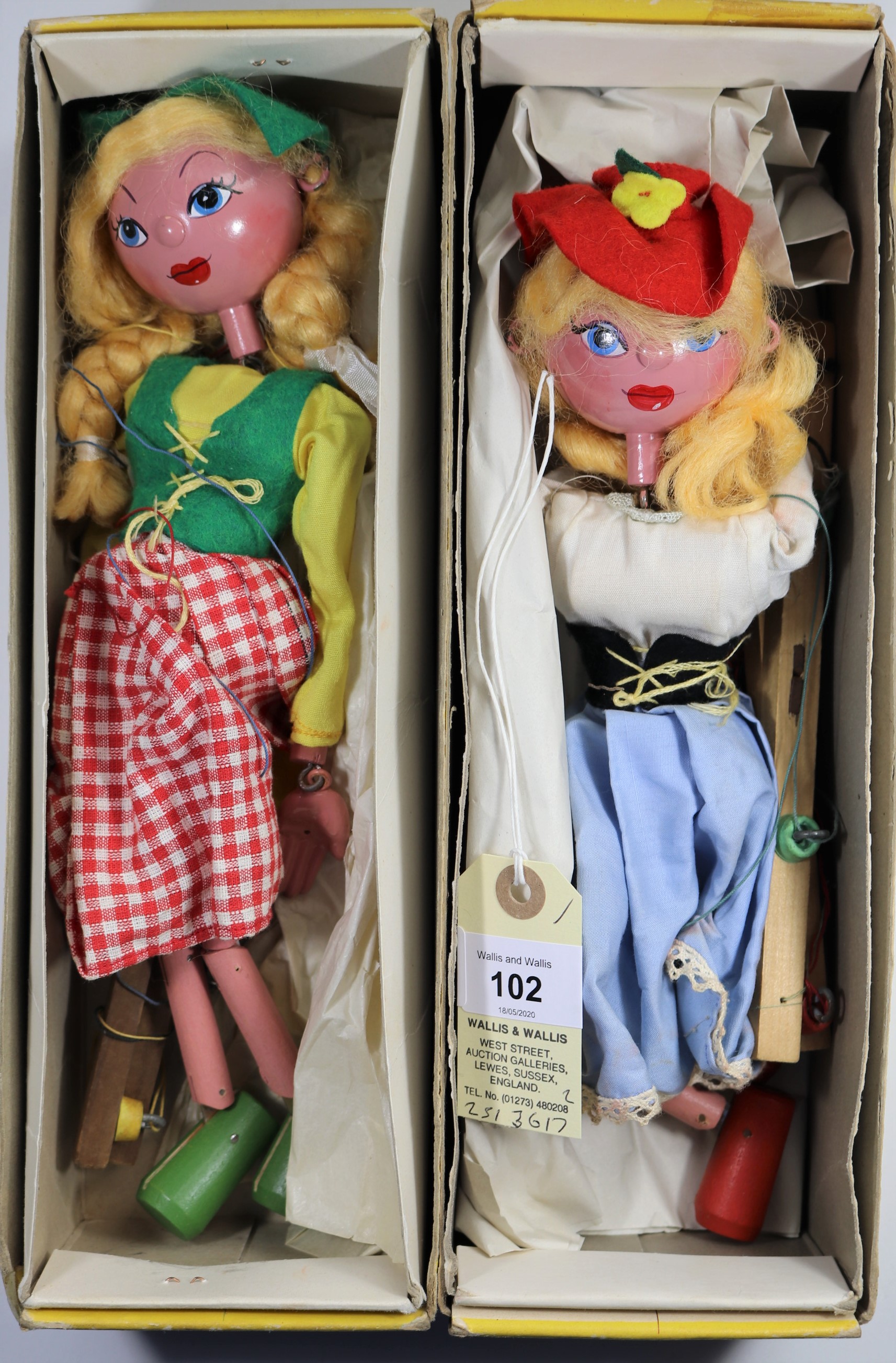 2 Pelham Puppets. Both Standard examples, one looks to be the Dutch girl and the other the gypsy