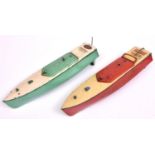 2 Hornby clockwork tinplate speedboats Both 'SWIFT' one in red/cream and the other light green/