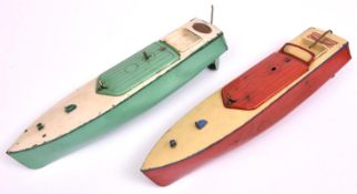 2 Hornby clockwork tinplate speedboats Both 'SWIFT' one in red/cream and the other light green/