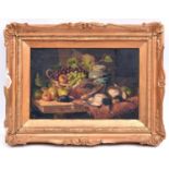 A 19thC oil painting on canvas of a still life. Showing a game bird with fruit on a table. Signed in
