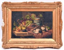 A 19thC oil painting on canvas of a still life. Showing a game bird with fruit on a table. Signed in