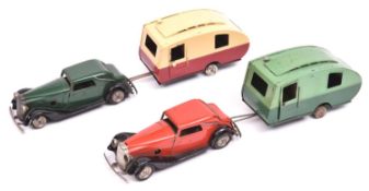 4x Tri-ang Minic post-war vehicles. 2x Vauxhall Cabriolet (19M), one example in red and one in