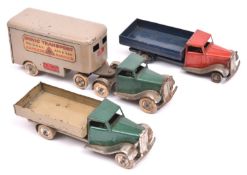 3x Tri-ang Minic pre-war clockwork commerical vehicles. 2x Delivery Lorries (10M), one example