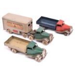 3x Tri-ang Minic pre-war clockwork commerical vehicles. 2x Delivery Lorries (10M), one example