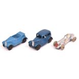 3 Dinky 35 Series Cars. Saloon Car (35a) dark blue with black rubber wheels. A Midget Racer (35b) in