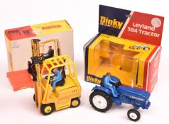 2x Dinky Toys. Leyland 384 Tractor (308) in dark blue with white wheels and light blue driver.